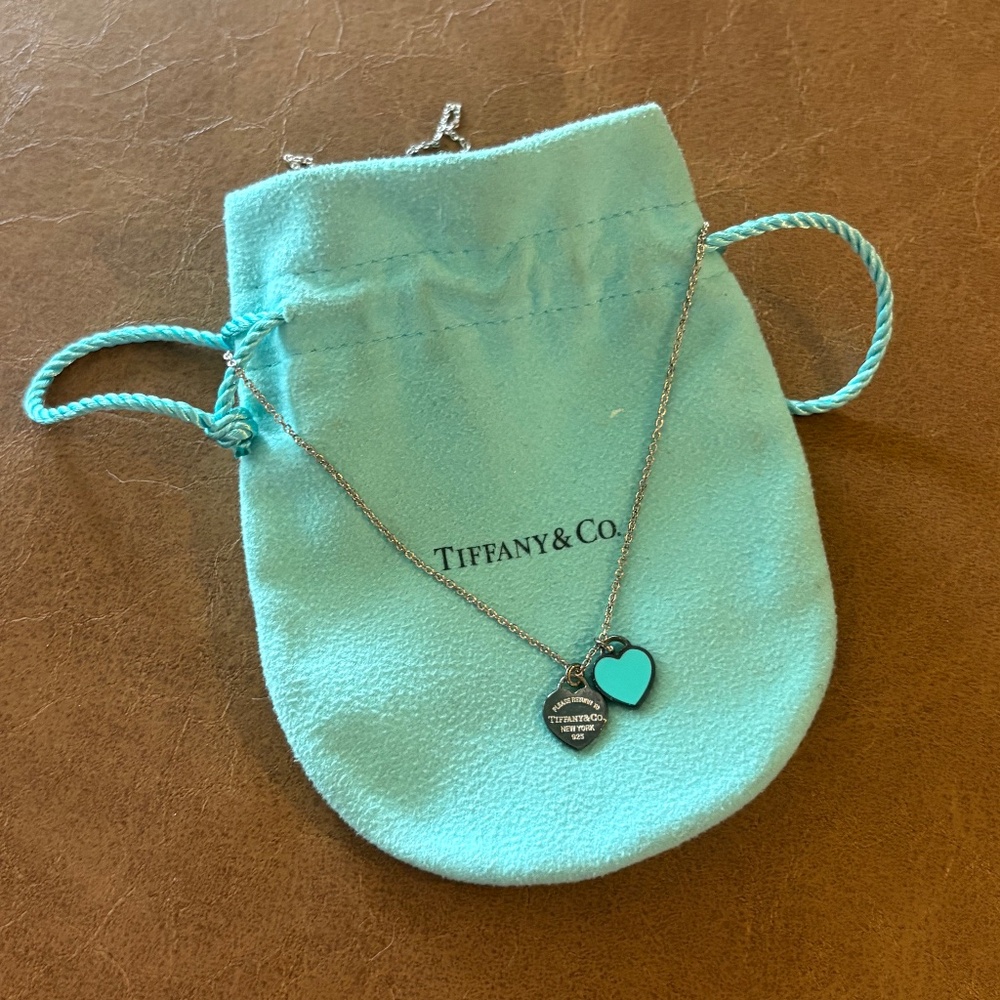 Tiffany & Co. Mini Double Heart Tag Pendant Sterling Silver Blue Enamel